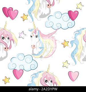 Carino unicorns seamless pattern. I bambini con pattern unicorns, fiori, palloncini, nuvole e rainbow Illustrazione Vettoriale