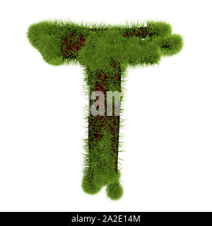 Erba lettera T isolati su sfondo bianco. Simbolo verde ricoperto di erba. Lettera di eco. 3d'illustrazione. Foto Stock