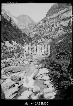 El riu Ara voltat de vegetació un la Garganta de los Navarros, zona de Las Fianzas, a La Vall de Bujaruelo. Foto Stock