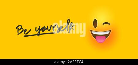 Wink giallo banner emoticon illustrazione con motivazione positiva preventivo per essere te stesso. Sociale della scheda Messaggi di saluto o strana emozione concetto. Illustrazione Vettoriale
