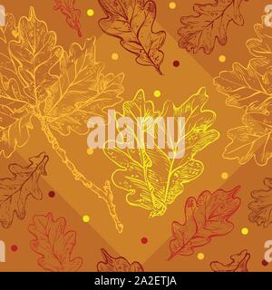 Vector autunno del disegno a mano modello senza cuciture con diversi colori di quercia lascia delineare su sfondo arancione. Caduta la linea arte del fogliame in rosso e Illustrazione Vettoriale