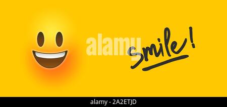Felice giallo banner emoticon illustrazione con motivazione positiva preventivo al sorriso. Sociale della scheda Messaggi di saluto o divertimento emozione concetto. Illustrazione Vettoriale