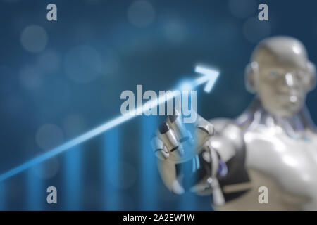 Ai artificiale robot intelligente punto di mano in mano alla salita grafico con virtual miscelati augmented reality per predire la crescita in crescita in futuro futur Foto Stock