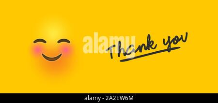 Carino il rossore giallo banner emoticon illustrazione con grazie preventivo per la ringrazio greeting card concept. Illustrazione Vettoriale