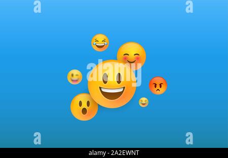 Giallo Fun facce di emoticon sfondo. 3D social Smiley face include le icone di felice, carino e divertente emozione. Illustrazione Vettoriale