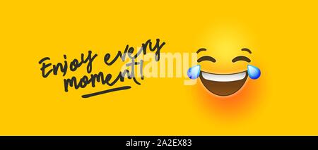 Grido di ridere giallo banner emoticon illustrazione con motivazione positiva preventivo per godere di ogni istante. Funny greeting card o scherzo del concetto. Illustrazione Vettoriale