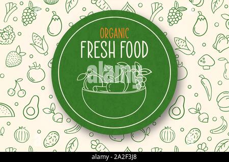 Verde cibo organico etichetta illustrazione con verdure fresche e frutta su disegnati a mano icona outline sfondo. Prodotto vegetariano sticker concetto per ri Illustrazione Vettoriale