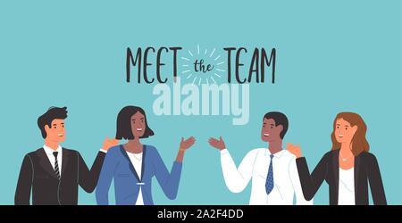 Incontrare il team concetto di ufficio di diverse persone salutando. Uomini e donne gruppo per Ritratto aziendale o personale di presentazione. Illustrazione Vettoriale