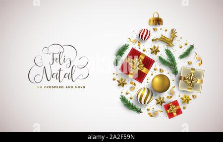 Auguri di Buon Natale felice anno nuovo lingua portoghese greeting card di 3d holiday decorazione in forma di pallina. Realistico di lusso ornamento xmas layout inclu Illustrazione Vettoriale