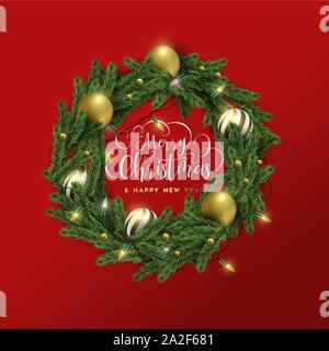 Auguri di Buon Natale felice anno nuovo bigliettino, 3d ghirlanda di vacanza di lusso con decorazioni in oro e luci. Xmas Party su invito festoso backgroun rosso Illustrazione Vettoriale