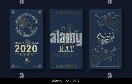 Il Capodanno cinese 2020 greeting card set di mouse in oro, l'astrologia tradizionale decorazione in linea moderna arte di stile asiatico con preventivo. Simbolo di calligrafia Illustrazione Vettoriale