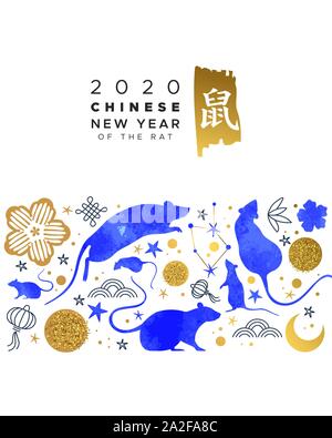 Il Capodanno cinese 2020 greeting card di blu mouse acquerello animali, astrologia simboli e oro tradizionale cultura asiatica disegnati a mano icone. Calligrap Illustrazione Vettoriale