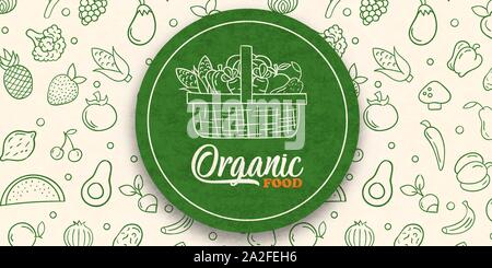 Verde cibo organico etichetta illustrazione con verdure fresche e frutta su disegnati a mano icona outline sfondo. Prodotto vegetariano sticker concetto per ri Illustrazione Vettoriale