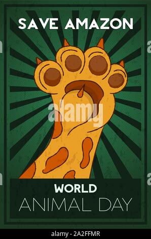 La Giornata mondiale dell'animale illustrazione della wild cat jaguar paw sollevata per la foresta pluviale amazzonica i diritti degli animali della campagna o evento di conservazione. Illustrazione Vettoriale