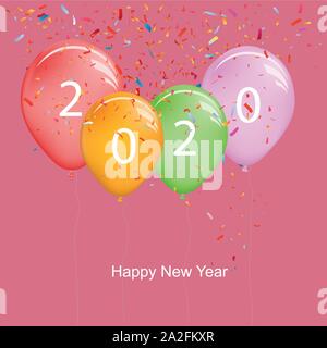 2020 Felice Anno Nuovo palloncini con colorati coriandoli, illustrazione vettoriale Illustrazione Vettoriale