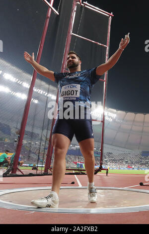 Doha in Qatar. 2 Ottobre, 2019. Quentin razzista di Francia reagisce durante il lancio del martello uomini finale al 2019 IAAF mondiale di atletica a Doha, in Qatar, Ottobre 2, 2019. Credito: Li Ming/Xinhua/Alamy Live News Foto Stock