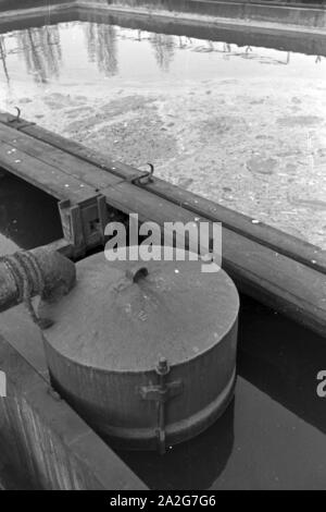Sickergruben und Faulbecken in einem Klärwerk, Deutschland 1930er Jahre. Pozzi assorbenti e digestivo serbatoi presso un impianto di depurazione, Germania 1930s. Foto Stock