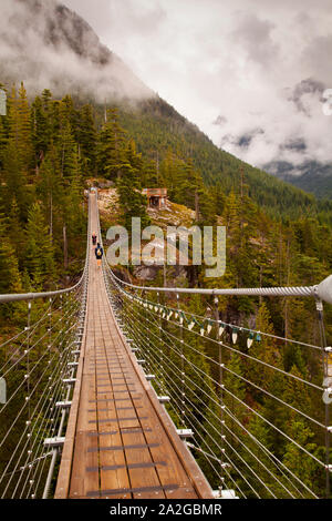 Ponte di sospensione nella nebbia nella parte superiore della gondola in Squamish, BC. Foto Stock