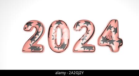 Felice anno nuovo 2024. Holiday 3D rendering di un vetro di colore rosa con texture silver star all'interno 2024. 3d realistiche segno. Holiday poster o banner design. Foto Stock