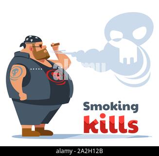Il fumo uccide Poster. Fat biker fumi. La cura della salute, smettere di fumare concetto. Vettore cartoon piatta illustrazione Illustrazione Vettoriale