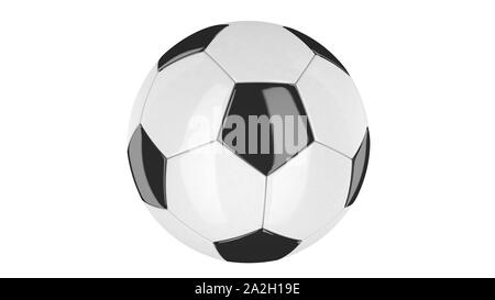 3D illustrazione di un pallone da calcio bianco e nero con dettagli su sfondo bianco. Geometria arrotondata pentagoni per sfondo TV Foto Stock