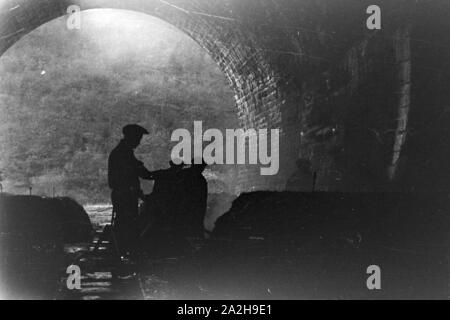 In einem Tunnel in einem Weinberg ist eine Anlage für Champignonzucht, Deutschland 1930er Jahre. Una coltivazione di funghi stazione ad un tunnel sotto una vigna, Germania 1930s. Foto Stock