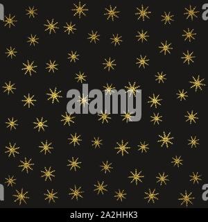 Oro fiocchi di neve scintillante seamless pattern su sfondo nero Illustrazione Vettoriale