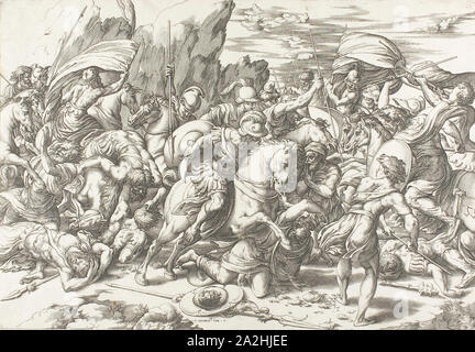 La battaglia intorno allo scudo e lancia, c. 1527, Giovanni Jacopo Caraglio (italiano, 1500/05-1565), dopo Raffaello Sanzio, chiamato Raphael (Italiano, 1483-1520), l'Italia, incisione in nero su avorio carta vergata, 341 × 485 mm Foto Stock