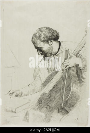 Il Double Bass Player, c. 1873, Alphonse Legros, Francese, 1837-1911, Francia, incisione su avorio tessuto giapponese, 300 × 211 mm (piastra), 307 × 217 mm (foglio Foto Stock