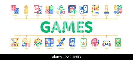 Interactive Giochi Bambini minimo infografico vettore Banner Illustrazione Vettoriale