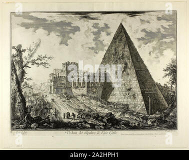 Vista della tomba a Piramide Cestia, da vedute di Roma, 1750/59, Giovanni Battista Piranesi, Italiano, 1720-1778, Italia, incisione su avorio pesante carta vergata, 386 x 538 mm (nell'immagine), 408 x 542 mm (piastra), 473 x 597 mm (foglio Foto Stock