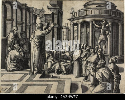 San Paolo predica ad Atene, 1517/20, Marcantonio Raimondi (Italiano, c. 1480-1534), dopo Raphael (Raffaello Sanzio) (Italiano, 1483-1520), l'Italia, incisione in bianco e nero in crema di latte di cui carta, 269 x 356 mm (l'immagine/foglio, rifilato entro la piastra mark Foto Stock