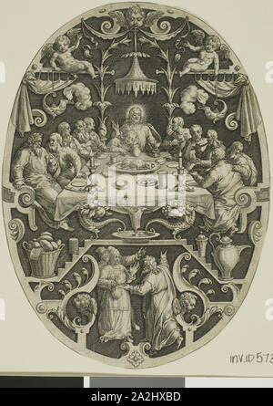 Ultima Cena, dalla passione di Cristo, 1575/1600, Jan Sadeler, il sambuco (fiammingo, 1550-1600), dopo Marcus Gheeraerts, il sambuco (fiammingo, c. 1520-c. 1590), Fiandre, incisione in nero su avorio carta vergata, 152 × 111 mm (piastra, ovale ritagliato per immagine Foto Stock