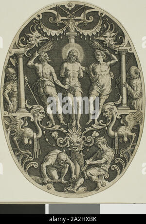 Flagellazione, dalla passione di Cristo, 1575/1600, Jan Sadeler, il sambuco (fiammingo, 1550-1600), dopo Marcus Gheeraerts, il sambuco (fiammingo, c. 1520-c. 1590), Fiandre, incisione in nero su avorio carta vergata, 152 × 111 mm (piastra, ovale ritagliato per immagine Foto Stock