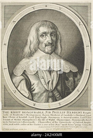 Philip Herbert, Conte di Pembroke, 1642, Wenceslaus Hollar (ceco, 1607-1677), dopo Anthony van Dyck (fiammingo, 1599-1641), Boemia, incisione su avorio carta vergata, 270 × 190 mm (foglio, tagliato nel segno della piastra sulla parte superiore e sui lati Foto Stock