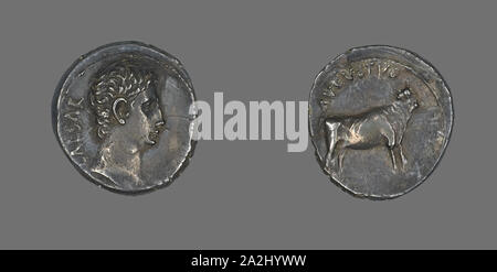 Denario (moneta) raffigurante l'imperatore Augusto, 21/20 BC, Romano, Impero Romano, argento, Diam. 2 cm, 3,62 g Foto Stock