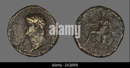 Sestertius (moneta) raffigurante l'imperatore Nerone, annuncio 65, Romano, coniate in Roma, Impero Romano, bronzo, Diam. 3.4 cm, 23.37 g Foto Stock