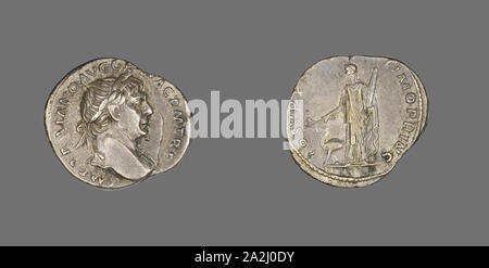Denario (moneta) raffigurante l'imperatore Traiano, annuncio 98/117, romana, coniate in Roma, Impero Romano, argento, Diam. 2 cm, 3,37 g Foto Stock