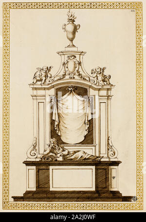 Progetto per un monumento, c. 1695, Edward Pierce, il giovane (inglese, c. 1630-1695), o Inigo Jones (Inglese, 1573-1652), l'Inghilterra, a penna e inchiostro bruno, con spazzola e grigio e marrone, lavaggio su tracce di grafite, con vernice dorata in bordi su avorio carta vergata, 396 × 269 mm Foto Stock