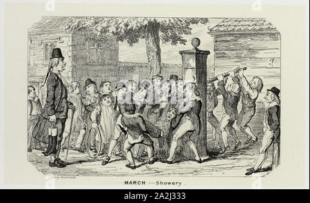 Marzo, Showery da George Cruikshank di incisioni in acciaio per il fumetto Almanacks: 1835-1853, 1839, stampato c. Nel 1880, George Cruikshank (Inglese, 1792-1878), pubblicata da Pickering & Chatto (Inglese del XIX secolo), l'Inghilterra, l'attacco in acciaio nero in crema carta india, stabilite su off-white card (chine collé), 93 × 154 mm (supporto primario), 222 × 282 mm (supporto secondario Foto Stock