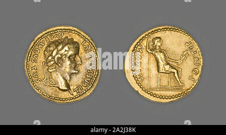 Aureus (moneta) raffigurante l'imperatore Tiberio, annuncio 15/37, rilasciati da Tiberio, romana, coniata a Lione, Lione, oro, Diam. 2 cm, 7,81 g Foto Stock