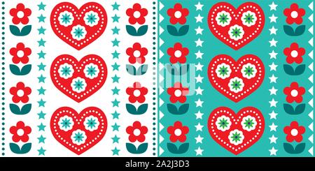 Natale scandinavo folk art vector seamless pattern, carino festosa nordic design in rosso e verde turchese Illustrazione Vettoriale