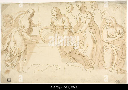 Giacobbe e Rachele al pozzo, tardo XVII secolo, dopo Jacopo Negretti, chiamato Palma il Giovane, Italiano, c. 1548-1628, Italia, penna e inchiostro bruno con pennello e lavaggio marrone, su avorio carta vergata, 195 x 298 mm (max Foto Stock