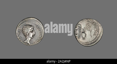 Denario (moneta) raffigurante Ottaviano, 37 BC, Romano, Italia, argento, Diam. 2 cm, 4,00 g Foto Stock