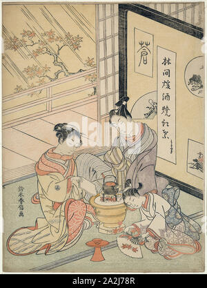 La masterizzazione di foglie di acero per amor di calore, c. 1768, Suzuki Harunobu 鈴木 春信, Giapponese, 1725 (?)-1770, Giappone, Color woodblock stampa, chuban, 28,7 x 21,6 cm (11 1/4 x 8 1/4 in Foto Stock