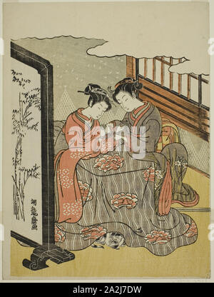 Due giovani donne la riproduzione del gatto di culla, c. 1769, Isoda Koryusai, Giapponese, 1735-1790, Giappone, Color woodblock stampa, chuban, 10 1/4 x 7 3/4 in Foto Stock