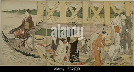 Imbarcazioni da diporto sotto il ponte Azuma, c. 1784, Torii Kiyonaga, Giapponese, 1752-1815, Giappone, Color woodblock stampa, Oban trittico, 38,7 x 25,8 cm (lamiera destra), 39,0 x 25,4 cm (centro foglio), 39.0 x 26.1 cm (lamiera sinistra Foto Stock