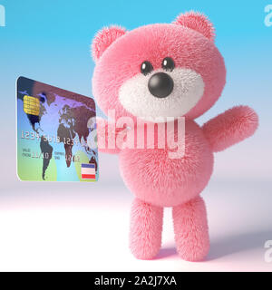 Carino pink fluffy 3d orsacchiotto di peluche personaggio tenendo un credito carta di debito, 3D render illustrazione Foto Stock