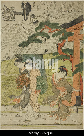 Doccia improvvisa al Santuario Mimeguri, c. 1787 Torii Kiyonaga, Giapponese, 1752-1815, Giappone, Color woodblock stampa, lamiera destra del trittico di Oban, 35,0 x 22,5 cm Foto Stock