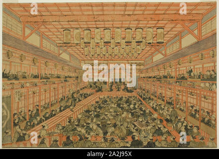 Immagine in prospettiva di un teatro Kabuki (uki-e Kabuki non shibai zu), c. 1776, Utagawa Toyoharu, Giapponese, 1735-1814, Giappone, Color woodblock stampa, Oban, rifilato, 9 3/4 x 14 3/8 in Foto Stock